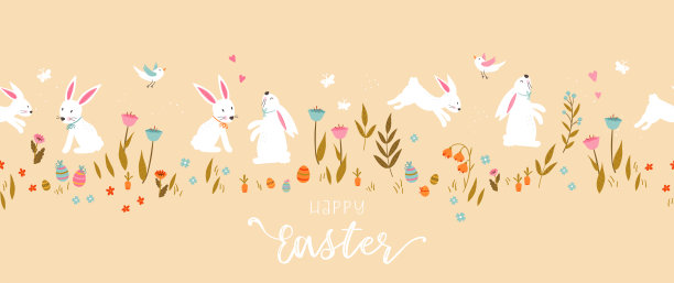 可爱的手绘复活节水平无缝模式与兔子，花，复活节彩蛋，美丽的背景，伟大的复活节卡片，横幅，纺织品，壁纸-矢量设计图片下载