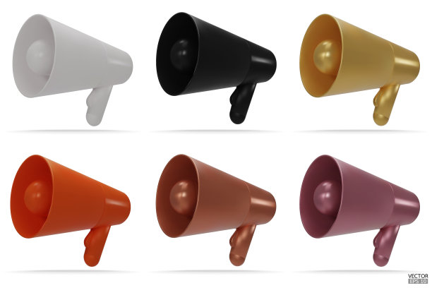 白色背景上隔离的扩音器图标集。3d扩音器喇叭用于宣传推广，3d矢量插图。图片下载