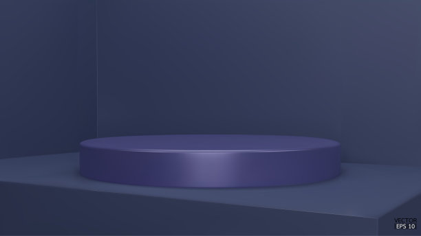 闪亮的深蓝色圆形底座上的蓝色工作室背景。空白展室或洁净展室用于展示产品。极简主义模型的讲台展示或展示。三维矢量插图。图片下载