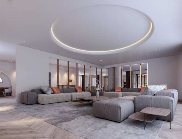 三维渲染，三维插图，室内场景和模型，客厅装饰天花板现代风格。图片下载