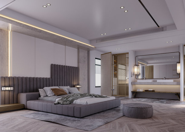 3d渲染，3d插图，室内场景和模型，带壁炉的现代极简主义卧室，图片下载