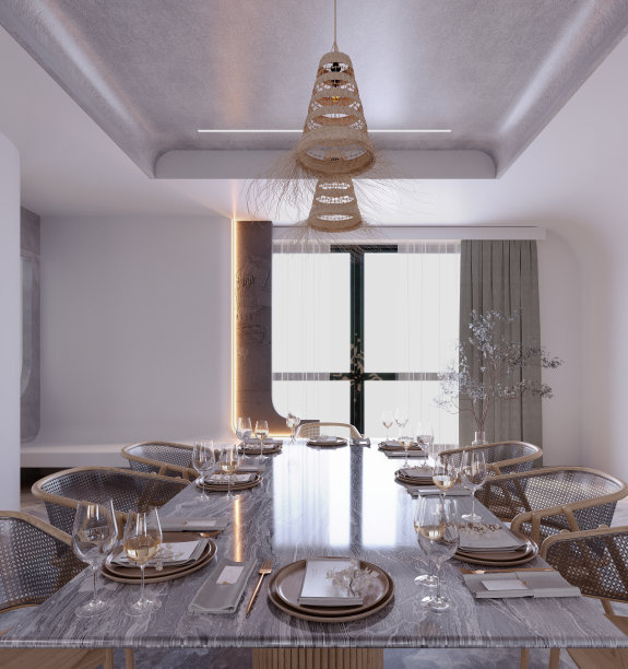 3d渲染，3d插图，室内场景和模型，餐厅斯堪的纳维亚风格的木制家具，靠窗的休息区。图片下载