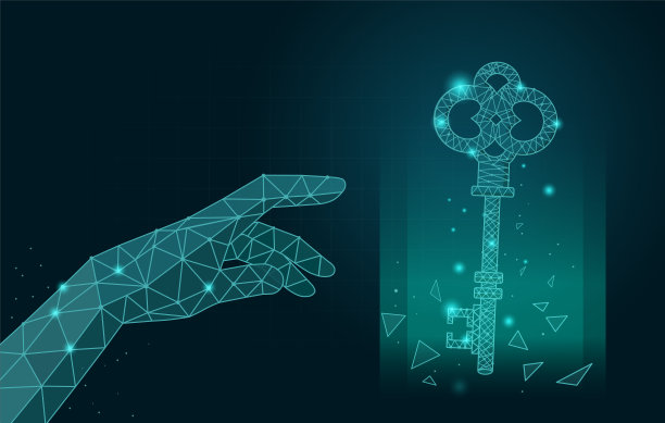 人们伸出手去触摸全息钥匙。低多边形主题。成功的关键。技术概念、秘密、关键字。图片下载