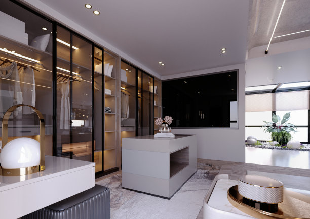 3d渲染，3d插图，室内场景和模型，更衣室和步入式衣柜渲染的现代风格。图片下载