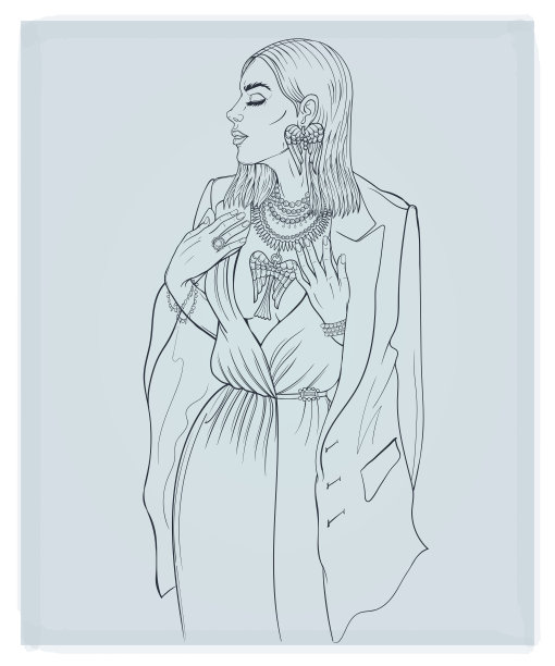 年轻的时尚模特与珠宝。天使翅膀造型的珠宝收藏。时尚插画。手绘，线条艺术，素描，轮廓，孤立。矢量插图。图片下载