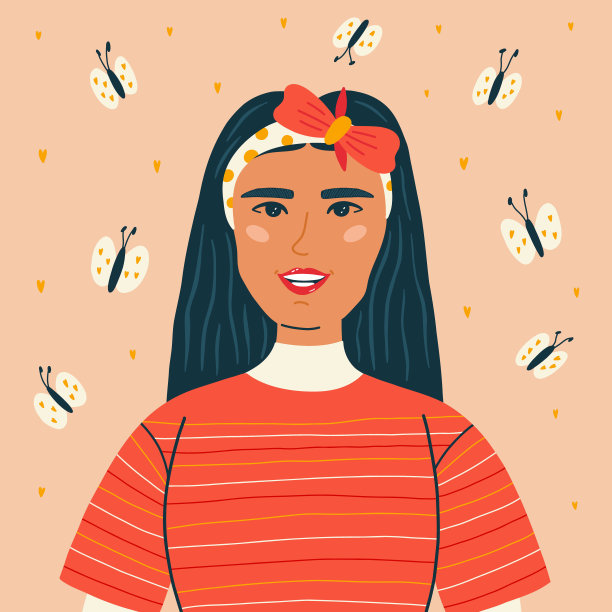 肖像女人与黑色的头发在蝴蝶的背景图片下载