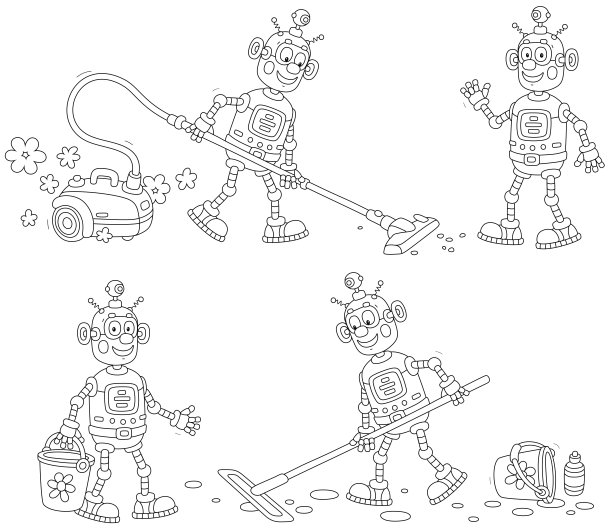 滑稽的机器人做家务的卡通套装图片下载