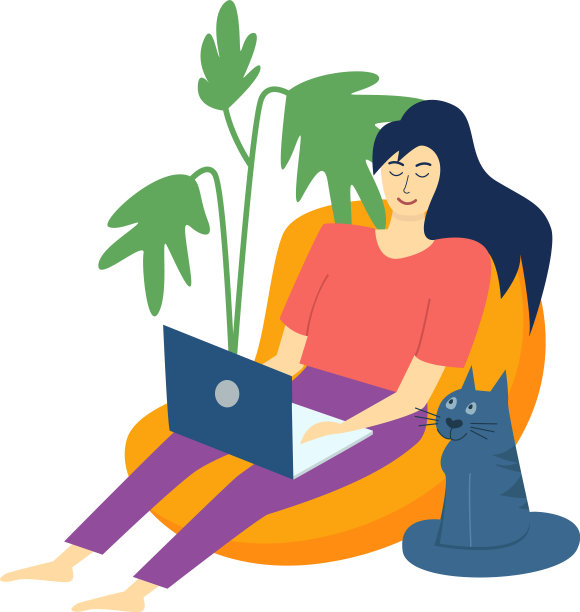 微笑的年轻女子坐在豆袋椅和笔记本电脑和她的猫工作图片下载