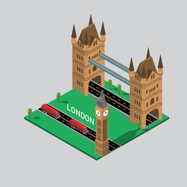 伦敦桥，大本钟和红色巴士三维等距图片下载