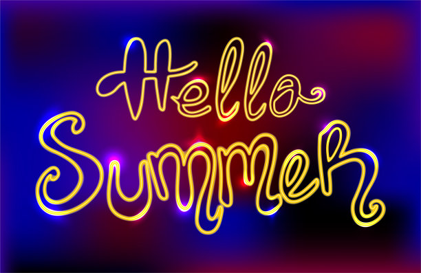 手绘字母Hello Summer在黑色的彩色背景。向量illustation。完美的贺卡，邀请，印刷，海报，横幅。图片下载