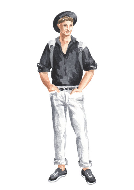 年轻人，在城市里散步的游客。手绘水彩插图孤立的白色背景图片下载