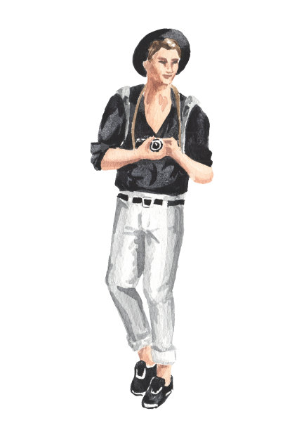 年轻人，在城市里散步的游客。手绘水彩插图孤立的白色背景图片下载