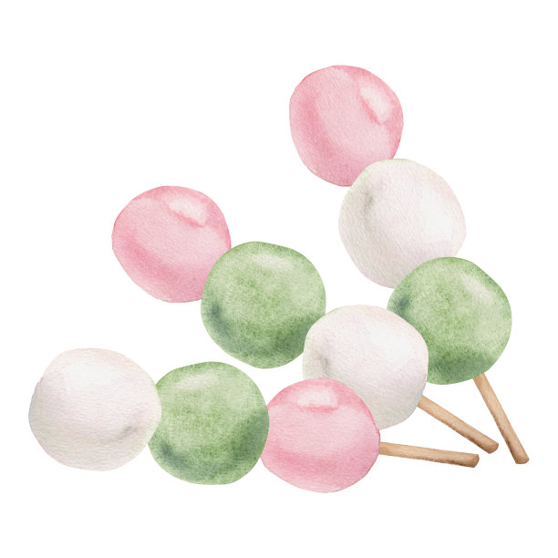 水彩手绘的日本传统糖果。三种颜色的dango，粉色，白色和绿色。孤立在白色背景上。设计邀请函，餐厅菜单，贺卡，印刷，纺织图片下载