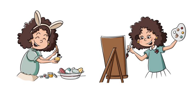 女人与深色卷发绘画用刷子。爱的艺术。用兔子耳朵给复活节彩蛋着色。每时每刻都幸福图片下载