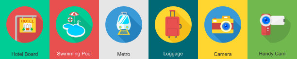 一套6旅游图标，如酒店板，游泳池，地铁图片下载