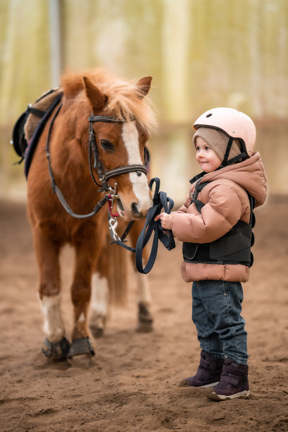 小女孩的肖像在保护夹克和头盔与她的棕色小马骑马课之前图片下载