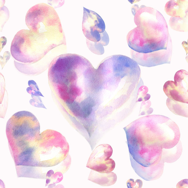 无缝水彩图案与3D效果和轻彩色心脏。浅而柔和的粉色，少女感的设计。手绘浪漫质感包装，婚礼，生日，情人节。图片下载