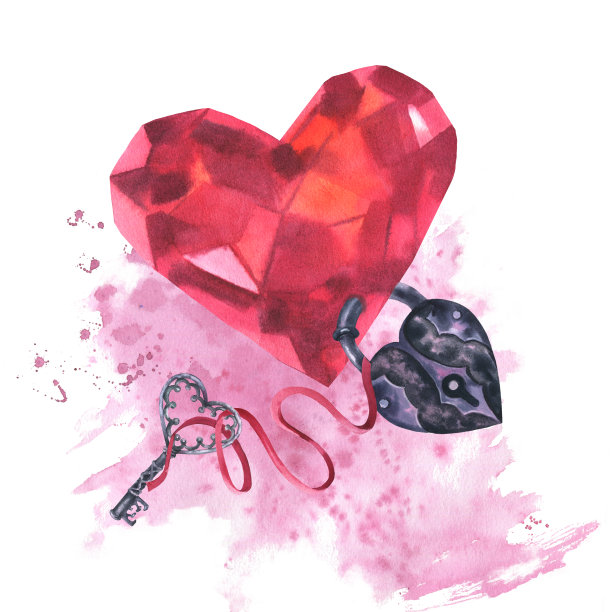 水彩画的心钻石水晶在粉红色宝石与锁和钥匙的丝带。手绘的珠宝装饰孤立在粉红色水彩背景。图片下载
