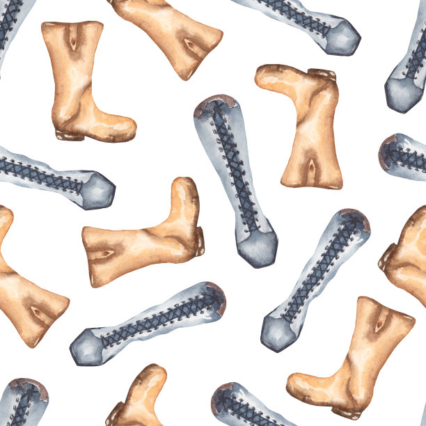 水彩无缝图案与秋季鞋。衣服重复纸。附件靴子。温暖的鞋类。手绘背景。纺织品和包装设计。图片下载