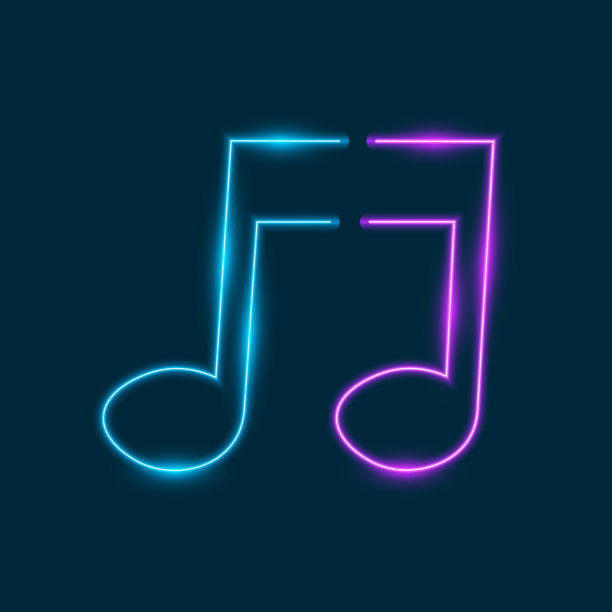 霓虹灯音乐笔记，蓝色和紫色的音乐标志，矢量插图。图片下载