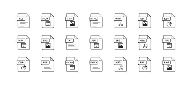 文件类型图标集：xls、mov、tiff、html、wav、gif、key、mp4、svg、txt、flv、jpg、m4a、avi、odp、pdf、avchd、docx、mp3、PPT、png。矢量EPS 10图片下载