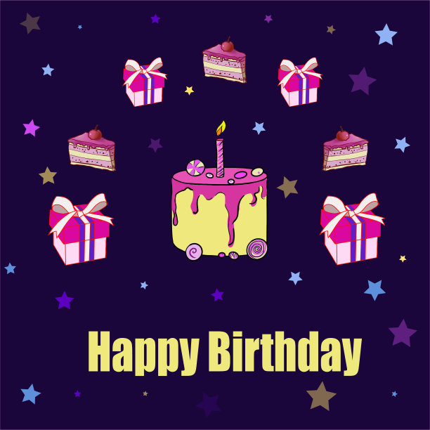 矢量生日快乐卡片。生日蛋糕。矢量插图。五彩缤纷的生日，星星做背景。图片下载