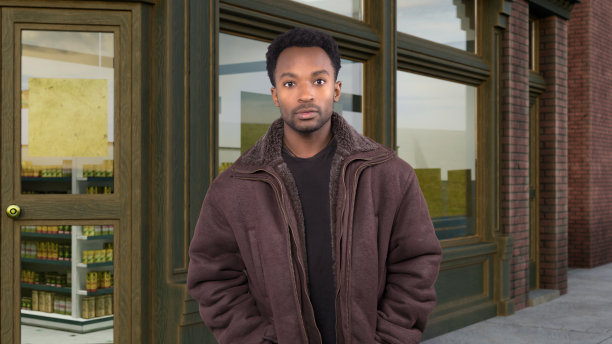 一个人走在市中心的人行道上，穿着外套独自步行图片下载