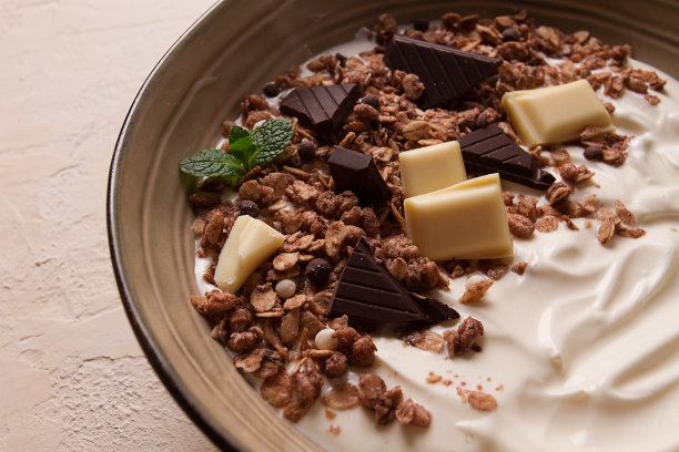 酸奶加巧克力什锦麦片，早餐，特写镜头，叉子放在上面，没有人，图片下载