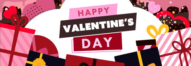 情人节快乐销售广告横幅模板与礼物和爱心(棕色)图片下载