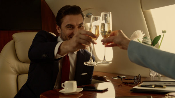 商务人士在私人飞机上握手。公司团队庆祝图片下载