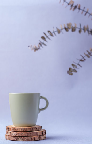 绿色咖啡杯与桉树叶在柔和的紫色背景图片下载