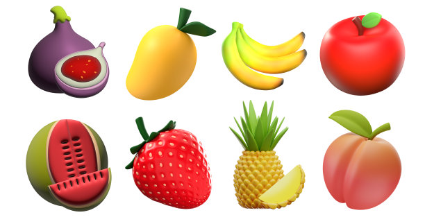 逼真详细的3d水果图标集。苹果，菠萝，香蕉，橄榄，草莓，西瓜，桃子和芒果3d插图图片下载