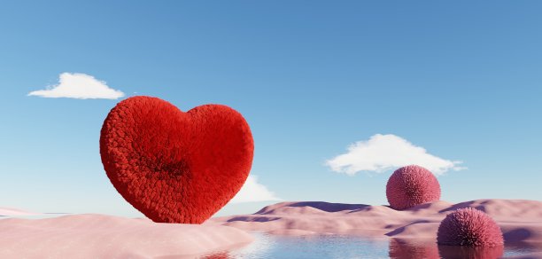 情人节快乐。最小的甜蜜爱情场景，毛茸茸的心漂浮在云和蓝天的空气中。可爱可爱的心形背景。爱天的设计风格。3 d渲染。图片下载