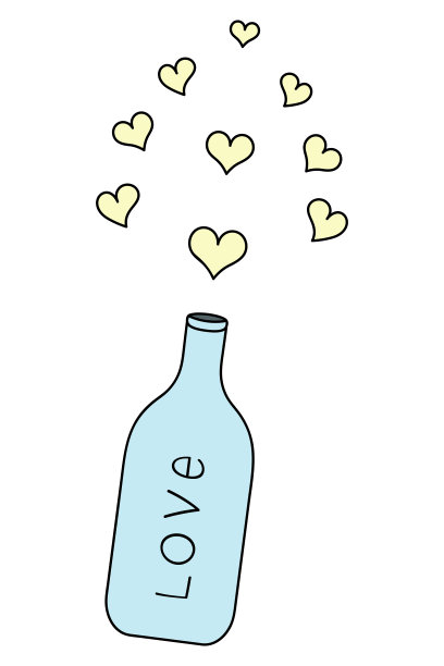 一瓶爱。卡通风格。心脏飞出了容器。爱情魔药。图片下载