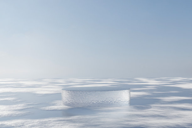三维渲染平台背景和冬季晴空雪地上的空圆形舞台冰讲台，用于产品展台展示化妆品、美容产品、护肤品等广告图片下载