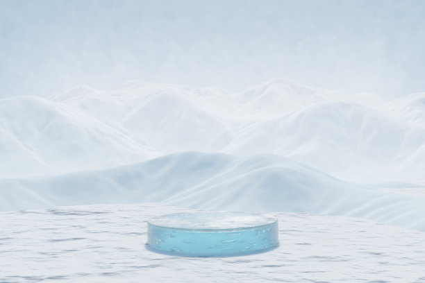 摘要三维渲染平台和冰平台背景在冰雪覆盖的地面，背景雾和天空的产品展示，广告美容产品或护肤品等图片下载