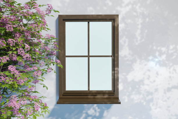 摘要三维渲染自然的讲台背景，木窗和底架与粉红色的花树背景，白色水泥墙和树的影子为产品展示广告，化妆品，护肤品图片下载