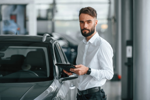 手里拿着桌子站着。一个穿白衣服的年轻人在汽车经销店里图片下载