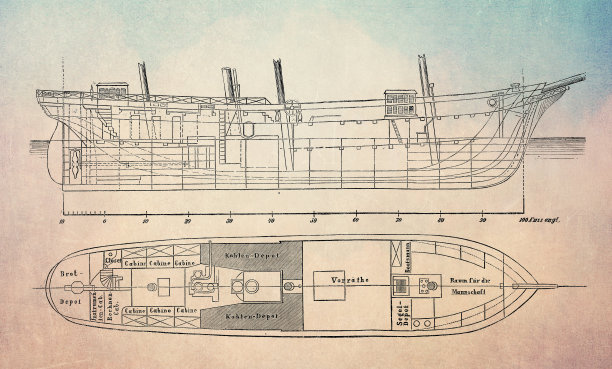 1872年用于北极探险的奥匈三桅纵帆船Tegetthoff的建造计划图片下载