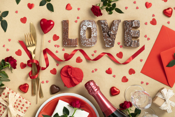 情人节作文礼盒用工艺回收纸，玫瑰，蜡烛，餐具，香槟，巧克力和木制信件，顶视图图片下载