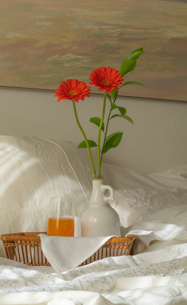 床上浪漫的早餐，鲜花和果汁图片下载