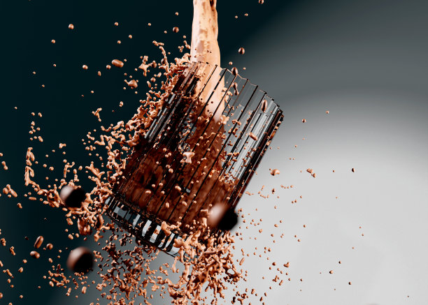 在白色的工作室背景下，巧克力牛奶倾倒在罗纹玻璃中。图片下载