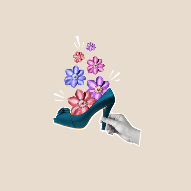 当代艺术拼贴手与花高跟鞋。图片下载