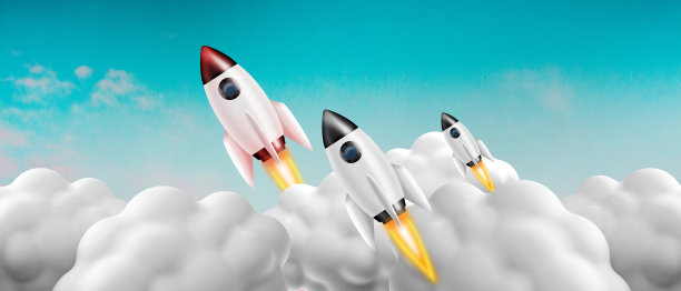 Rocket Leadership创意理念和业务在Sky背景下为成功而创业和发展的理念。平面风格，未来，财务，模板，复制空间，横幅-3d渲染图片下载