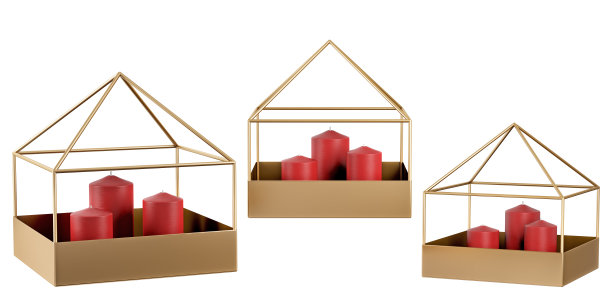 黄铜金属烛台，灯笼三支蜡烛。家居装饰和口音设置。家居装饰配件。孤立的内部对象。三维渲染图片下载