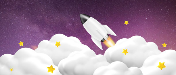 火箭领导创造性的想法和商业目标的成功和商业启动概念在紫色。灵感，创新，复制空间，横幅3d渲染图片下载