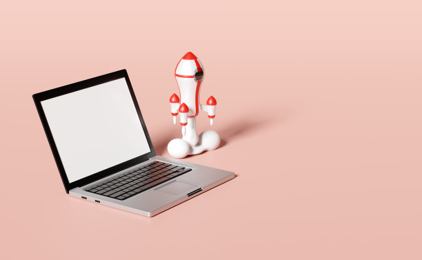 红白色的太空飞船或火箭在烟雾中发射，笔记本电脑孤立在米色背景上。启动模板或业务概念，3d插图或3d渲染图片下载