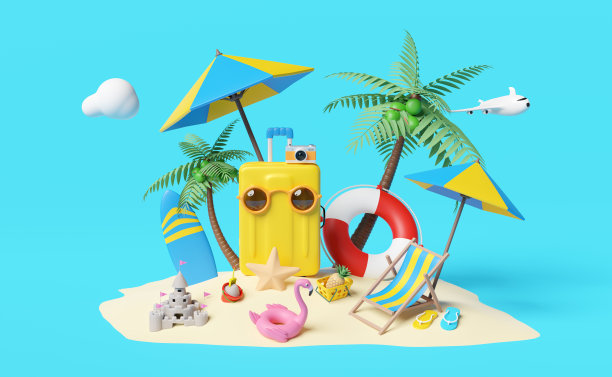 夏季旅行与手提箱，沙滩椅，岛屿，相机，雨伞，充气火鹤，椰子树，凉鞋，飞机，云，救生圈，篮子孤立在蓝色背景，概念3d插图或3d渲染图片下载
