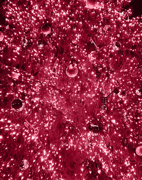 圣诞节当天，针叶树的树枝上装饰着闪闪发光的球和闪闪发光的花环。2023年年度色彩:品红万岁图片下载