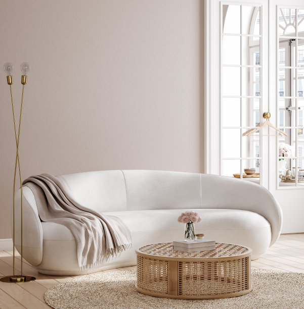 复古的房间，色彩柔和，配有现代沙发和藤条桌子图片下载